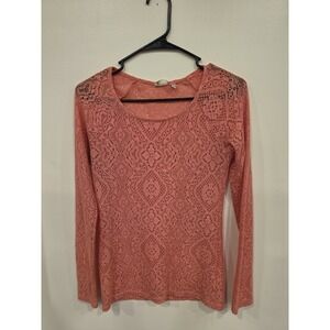 Coral Pink Sheer Lace Knit‎ Long Sleeve Top Size Medium Boho Romantic Layered